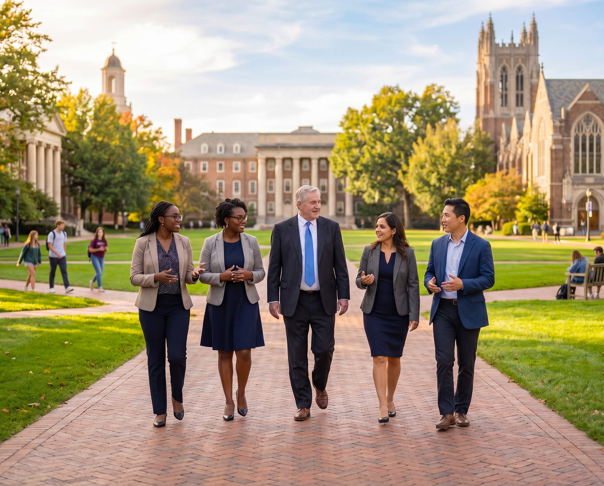 Kenny Daugherty walks with a group of executives on campus